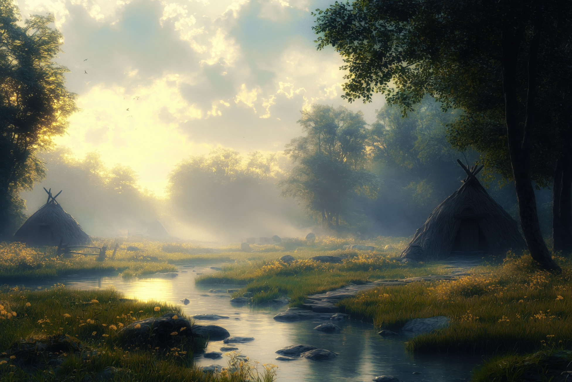 An Impression of an ancent settlement by the River Lodden.