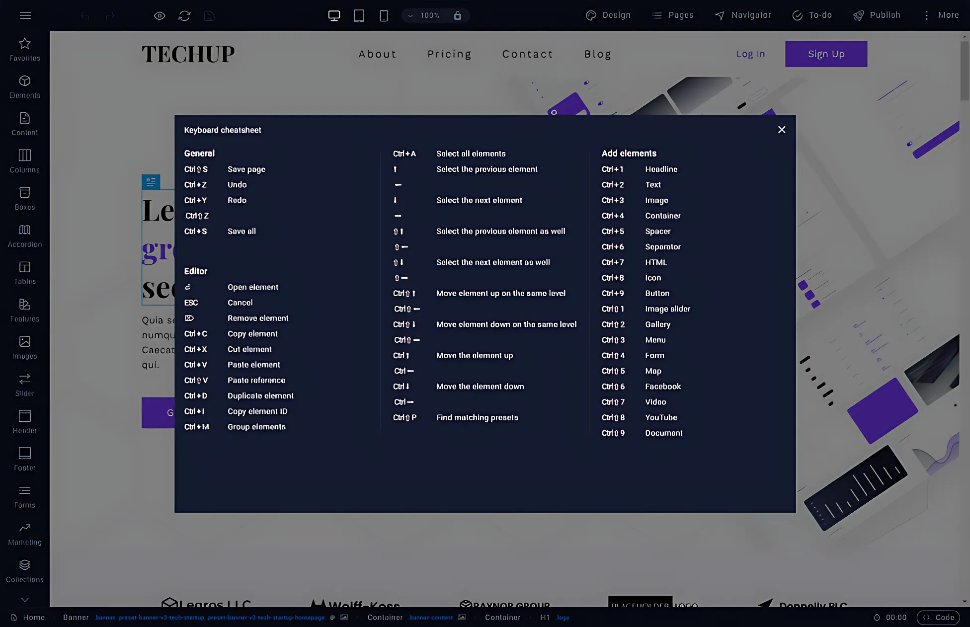 Sitejet Website Builder with keyboard shortcuts