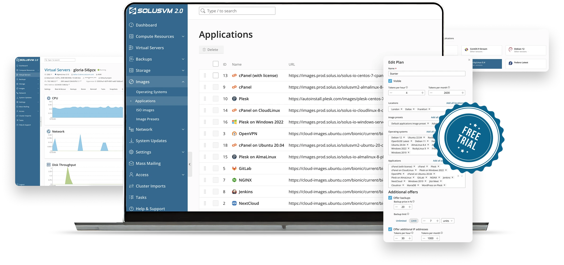 SolusVM applications dashboard screenshot | Free Trial Badge