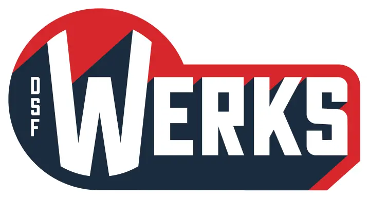 DSF Werks Logo variant white red and blue