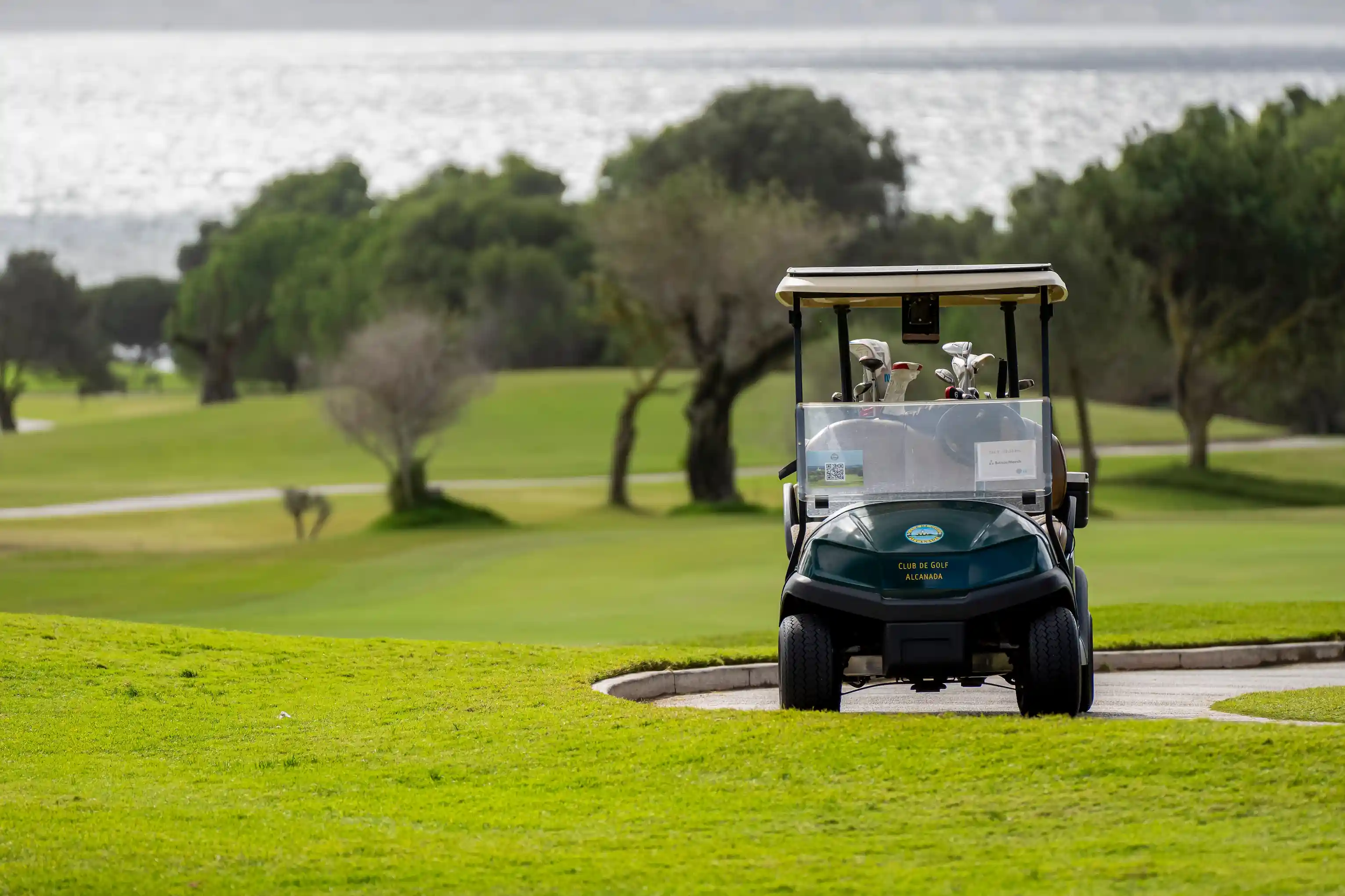 Golfplatz mit Teich und Palmen in den Vereinigten Arabischen Emirate