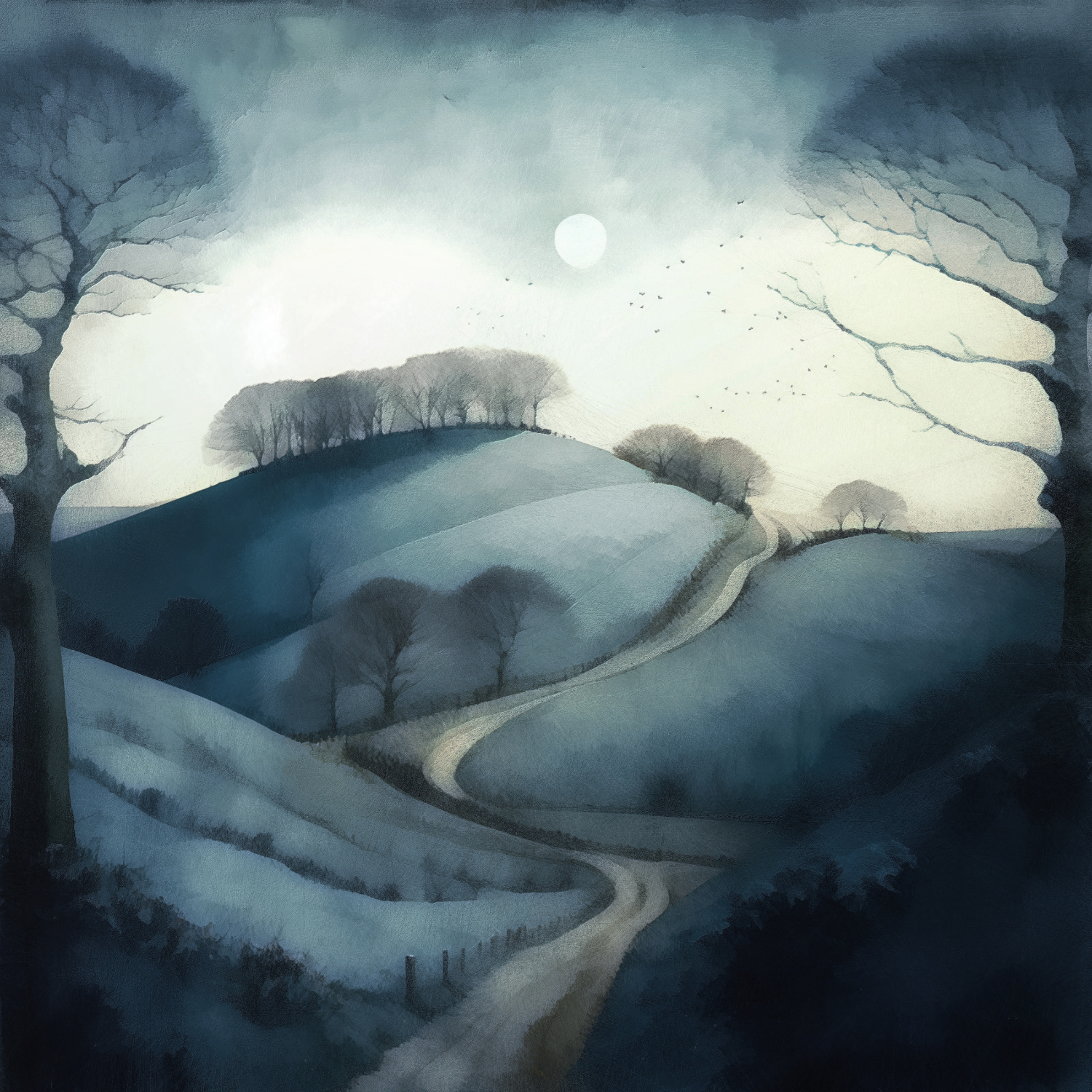 Rolling Hills With Winter Moon