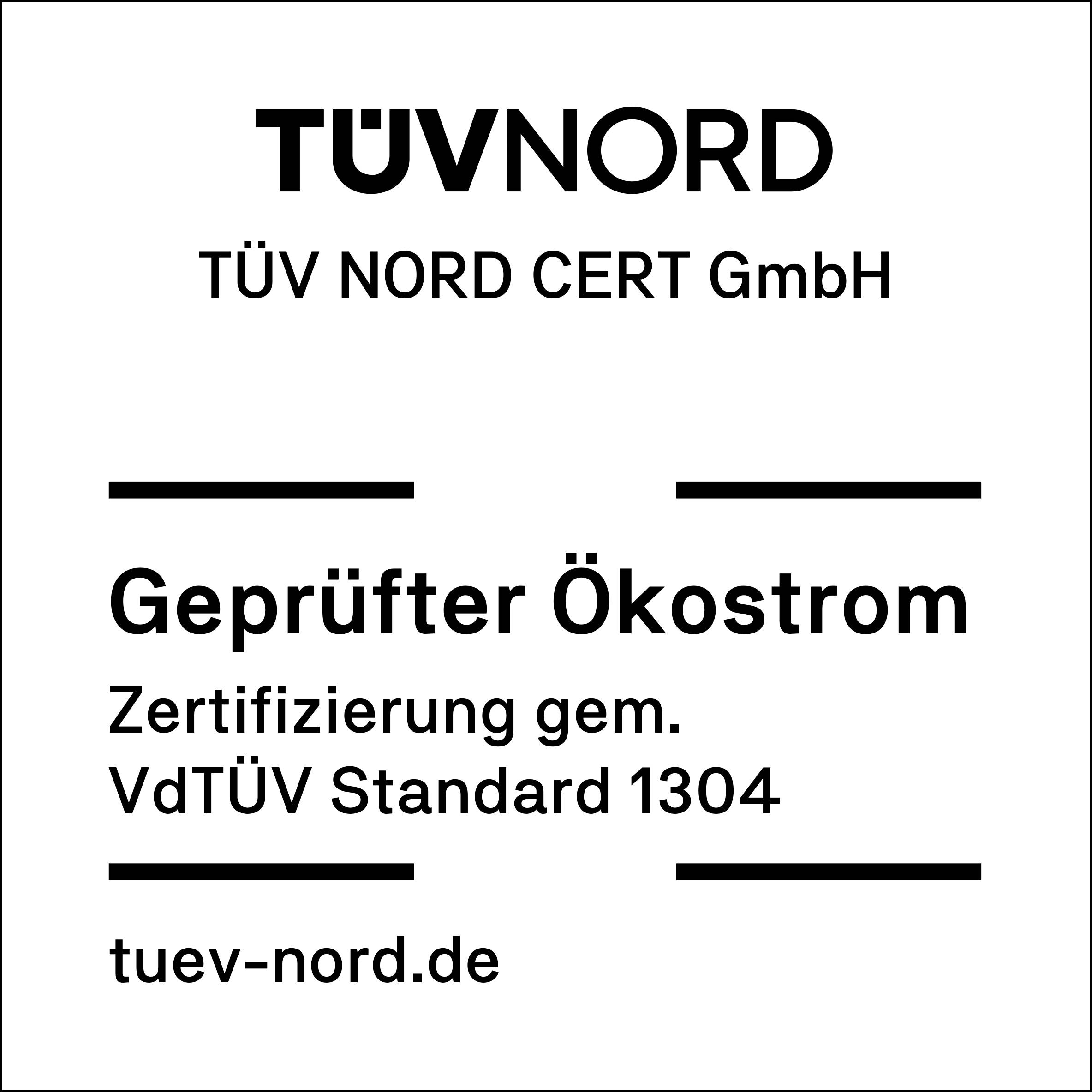 TÜV NORD Zertifikat - Geprüfter Ökostrom nach VdTÜV Standard 1304 für nachhaltige E-Mobilität