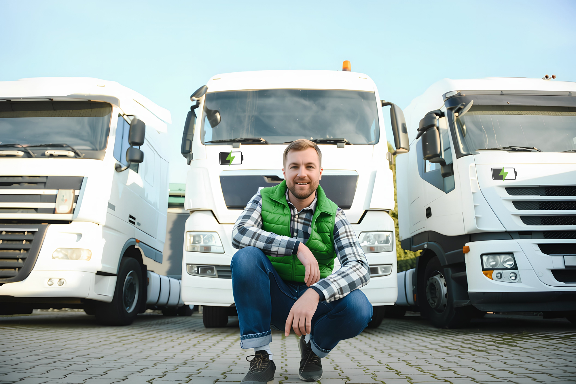 Mann kniet vor Frontansicht von LKWs - individuelle Lösungen für vielfältige Anwendungsfälle, beispielsweise Güterverkehr