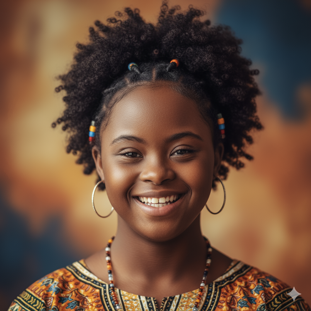 Close-up de uma adolescente negra com Síndrome de Down, sorrindo com empoderamento
