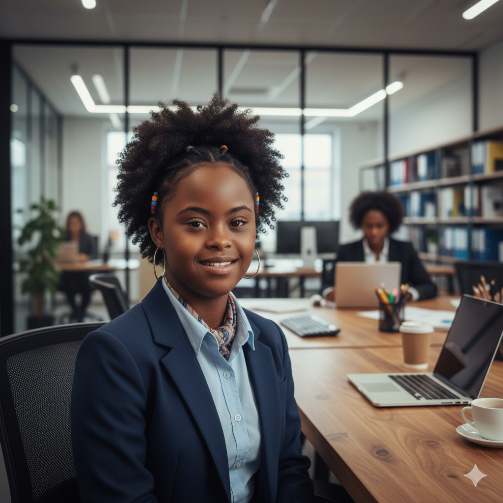 Pessoa negra com Síndrome de Down em um ambiente de trabalho profissional, olhando com confiança