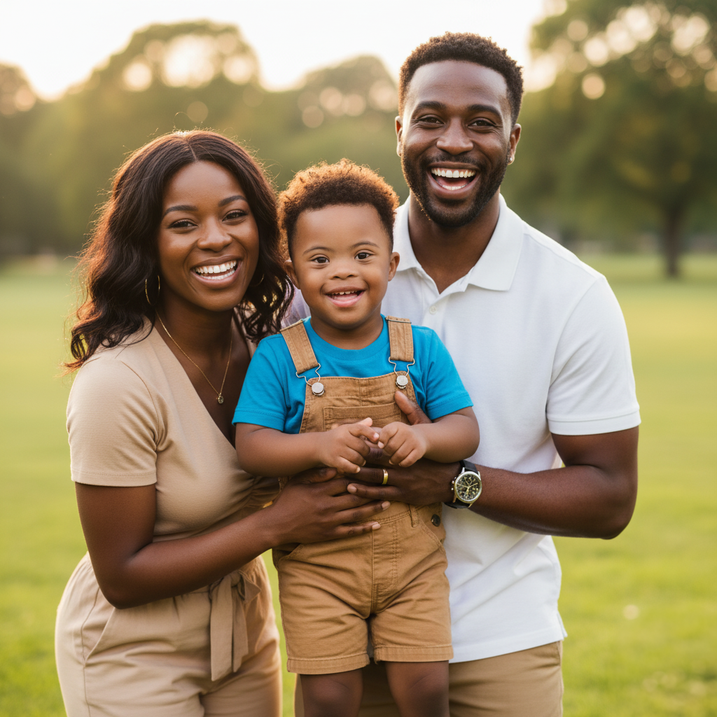 Jovem negro com Síndrome de Down olhando com confiança