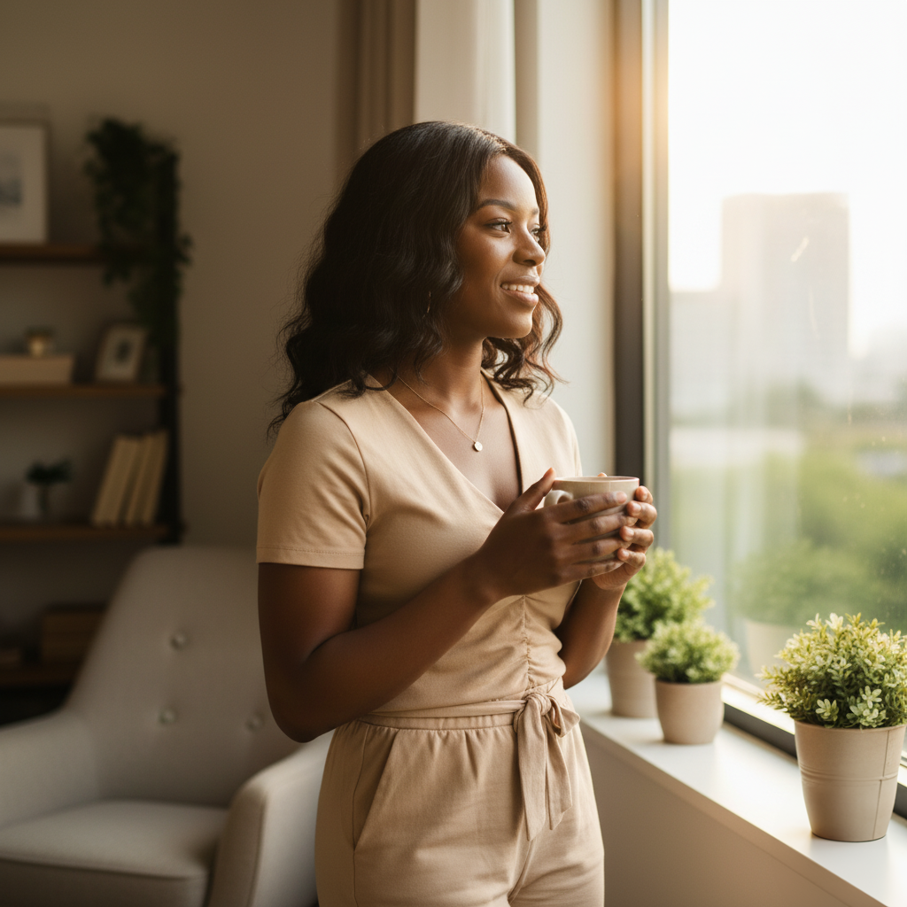 Mãe negra em um momento de pausa, olhando pela janela, refletindo sobre autocuidado