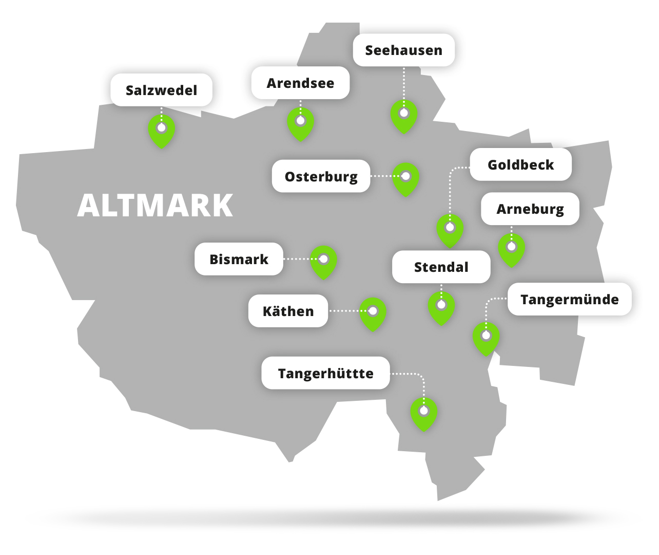 Landkarte der Altmark mit Darstellung der Städte, in denen Ladepunkt von eMobil sind