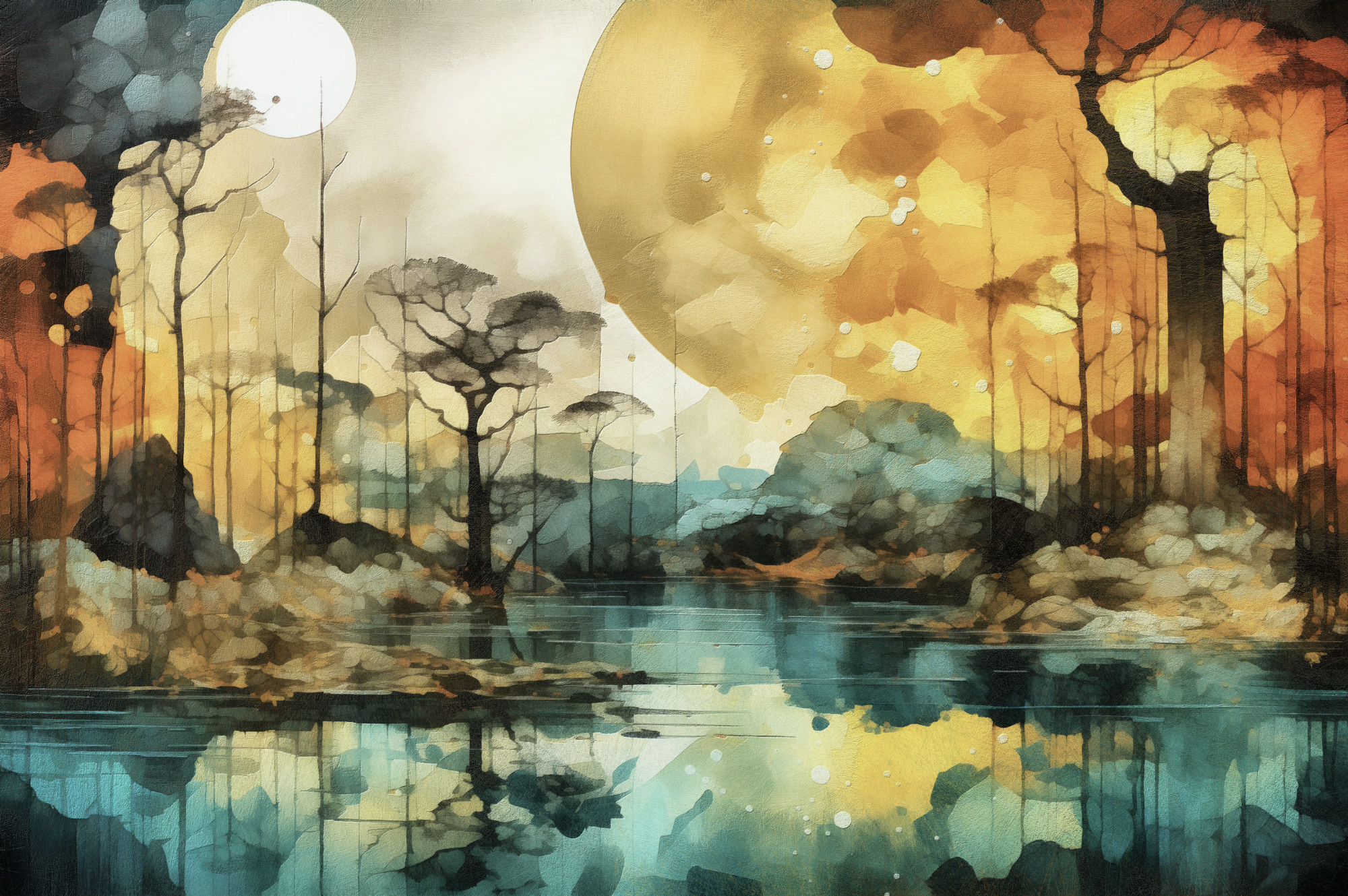 Lake With Sun, Moon, and Stars