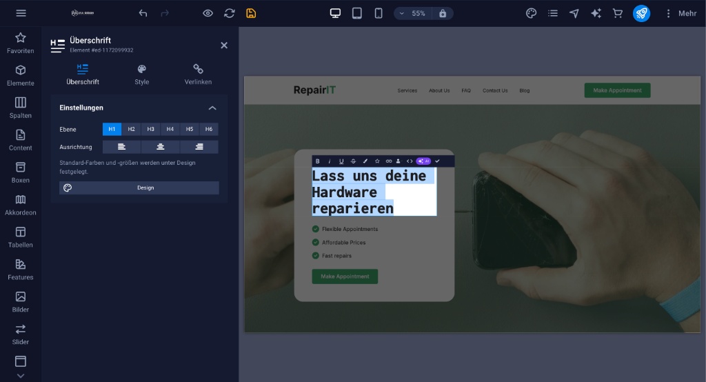 Sitejet Editor Ansicht: Einfaches Bearbeiten von Texten