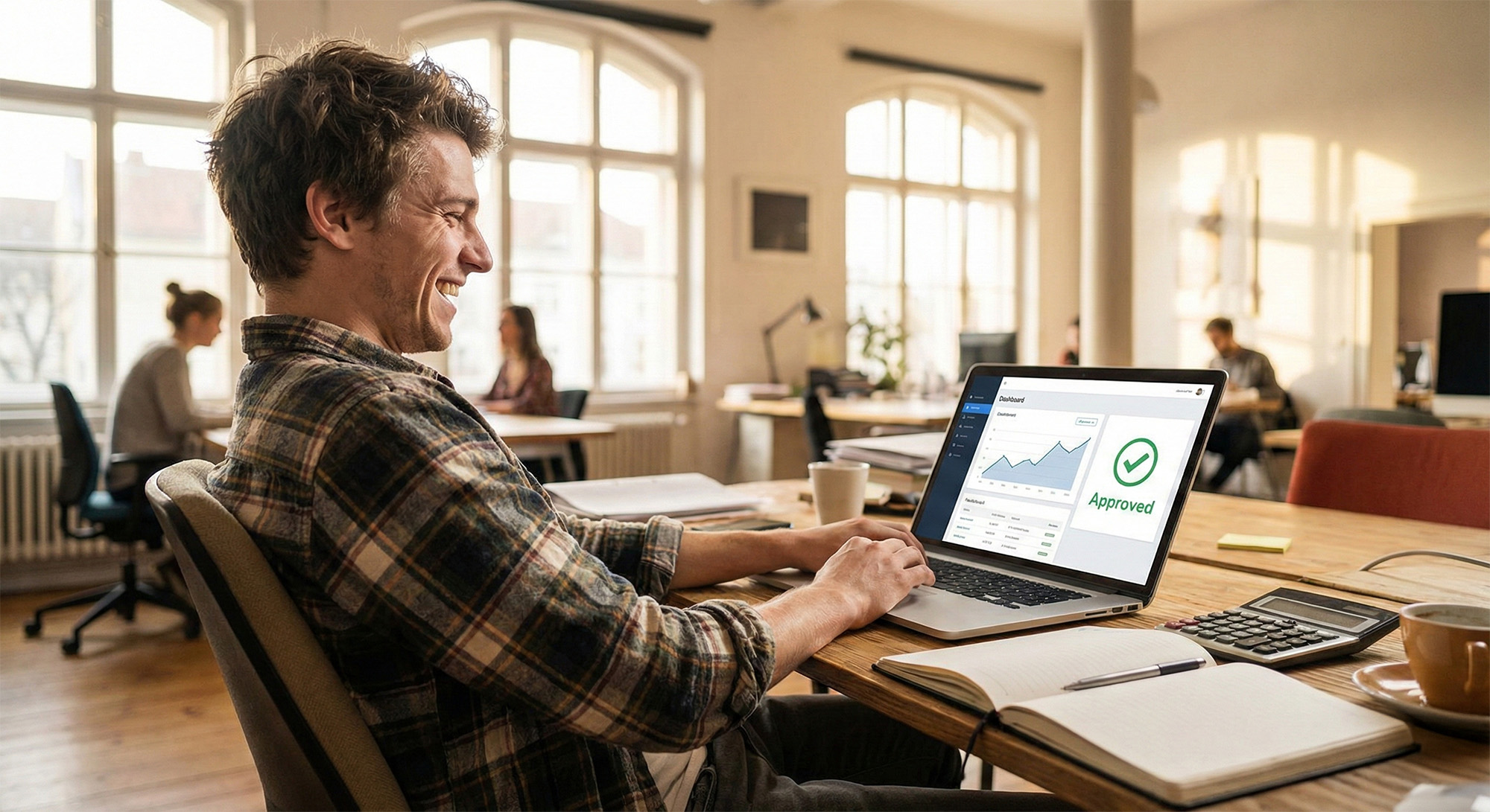 Gründer prüft Fördermittel am Laptop