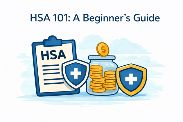 Illustration showing an HSA account, coins, and a shield icon representing tax-advantaged healthcare savings