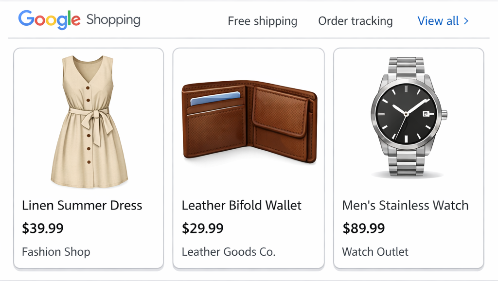 Google Shopping results from AI SEO-optimised Shopify product listings