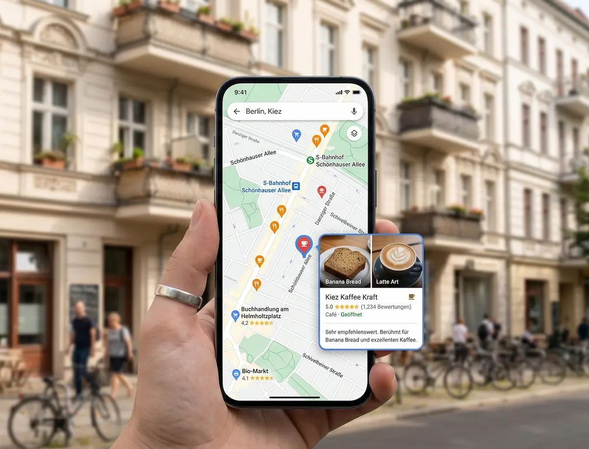 Google Business Profile eines Berliner Unternehmens auf dem Smartphone mit Kiez-Bezug und Bewertungen.
