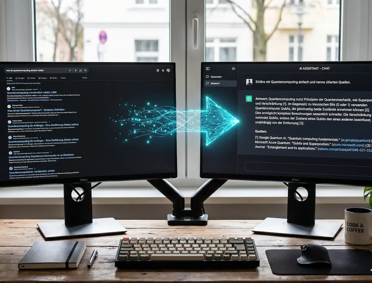 Vergleich zwischen klassischer Google-Suche und KI-generierten Antworten in ChatGPT, Perplexity und Google AI Overviews.