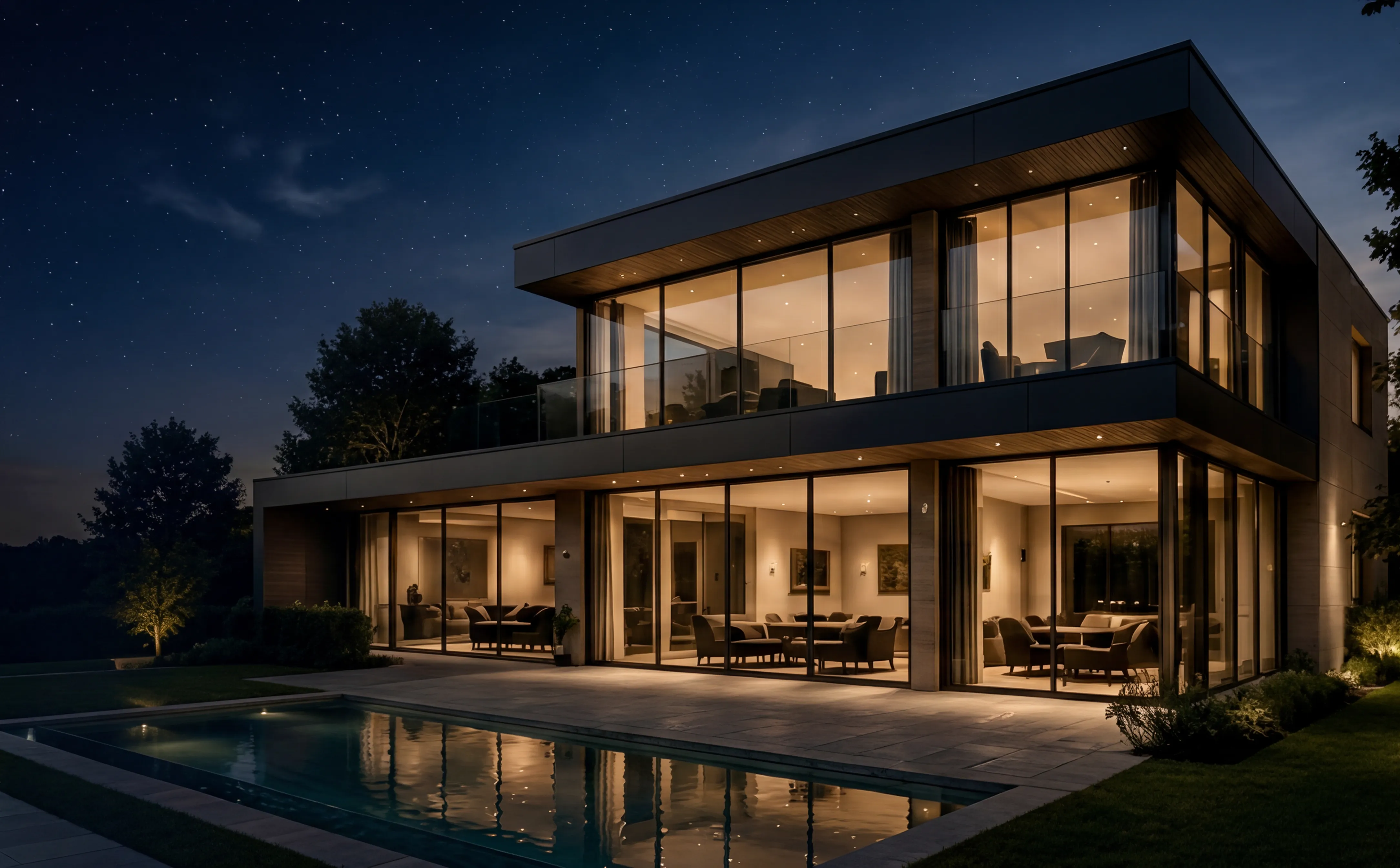 Moderne Luxusvilla mit Pool und beleuchteter Glasfassade bei Nacht – exklusive Immobilie aus dem Portfolio von Locale Bayern Immobilien in Markt Schwaben