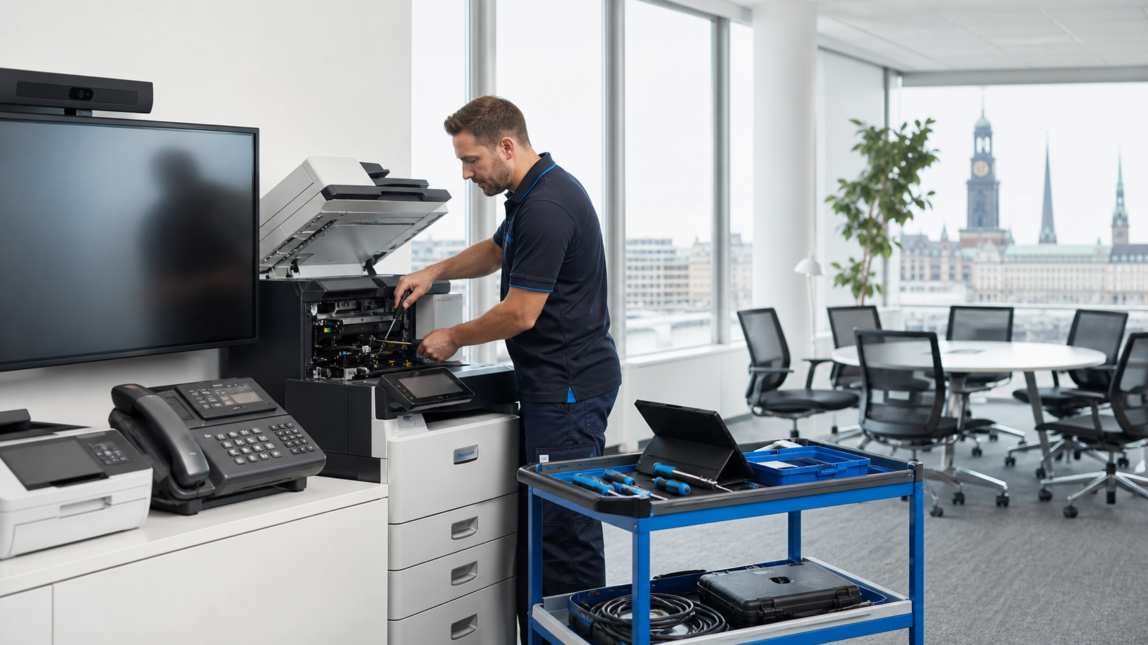 Techniker wartet gewerbliche Buerotechnik mit Drucker Kopierer und Konferenztechnik