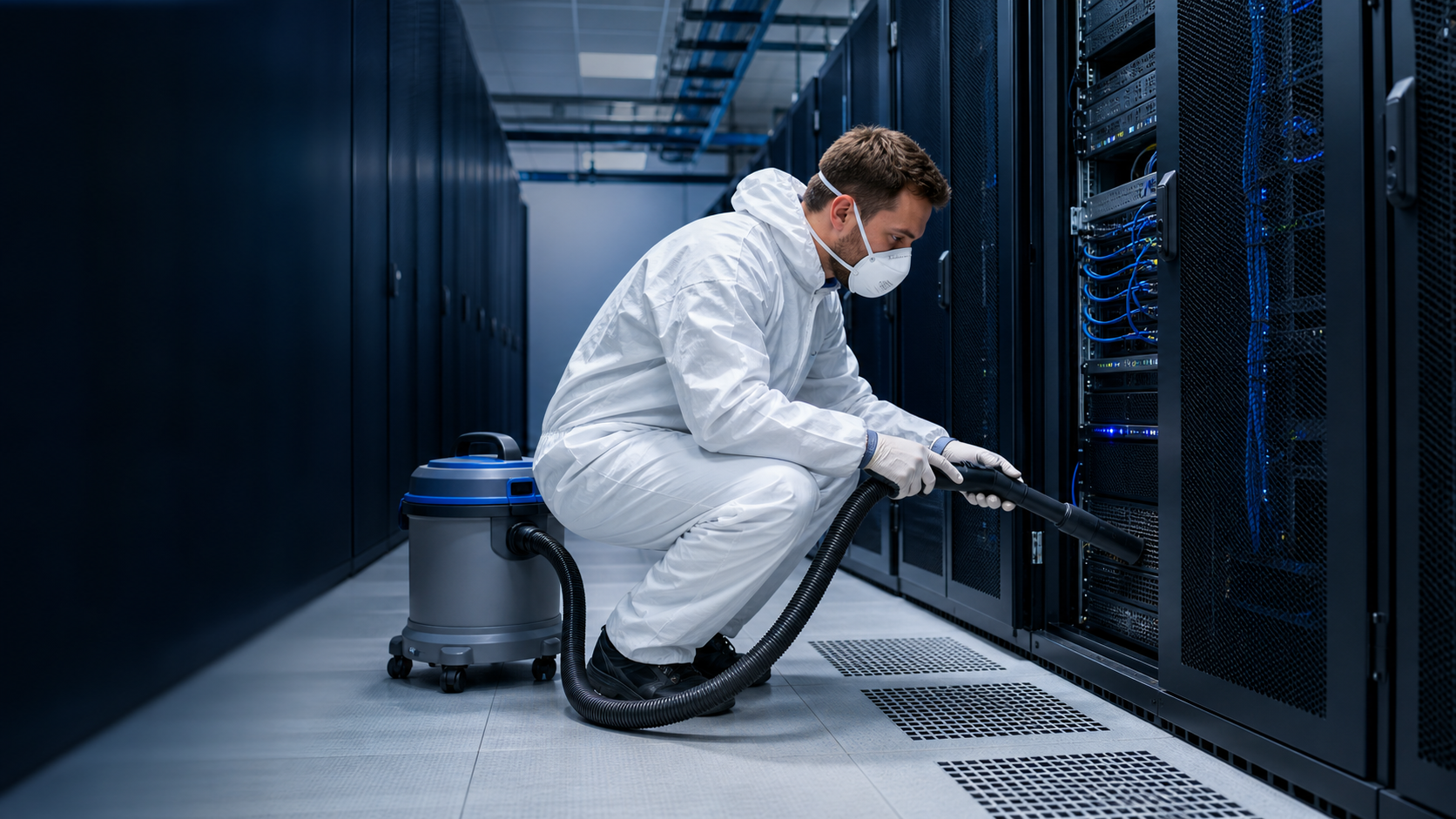 Professionelle Server- und Serverraumreinigung in einem Rechenzentrum mit HEPA-Spezialtechnik
