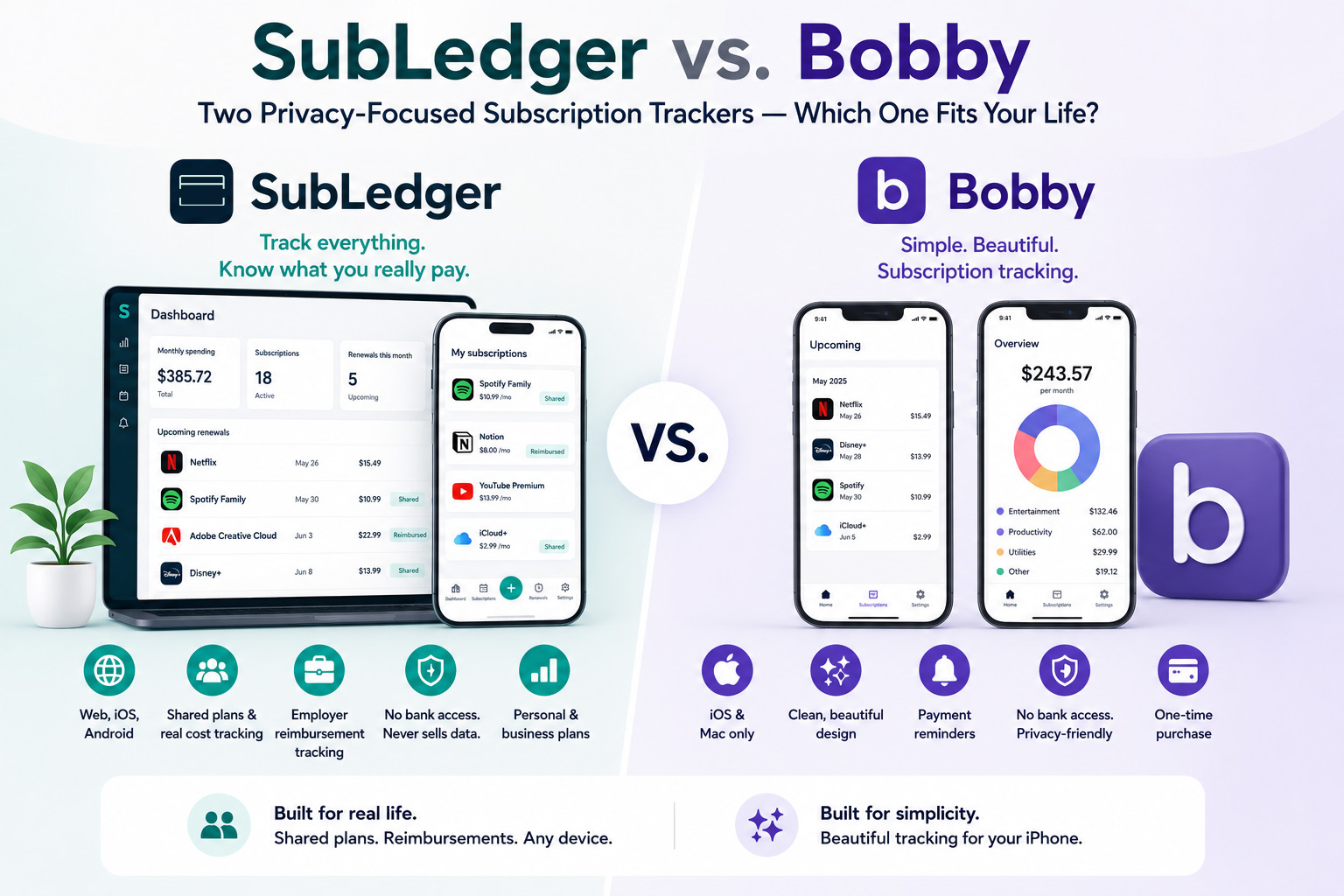 SubLedger vs Bobby comparison - two privacy-focused subscription trackers, which one fits your life