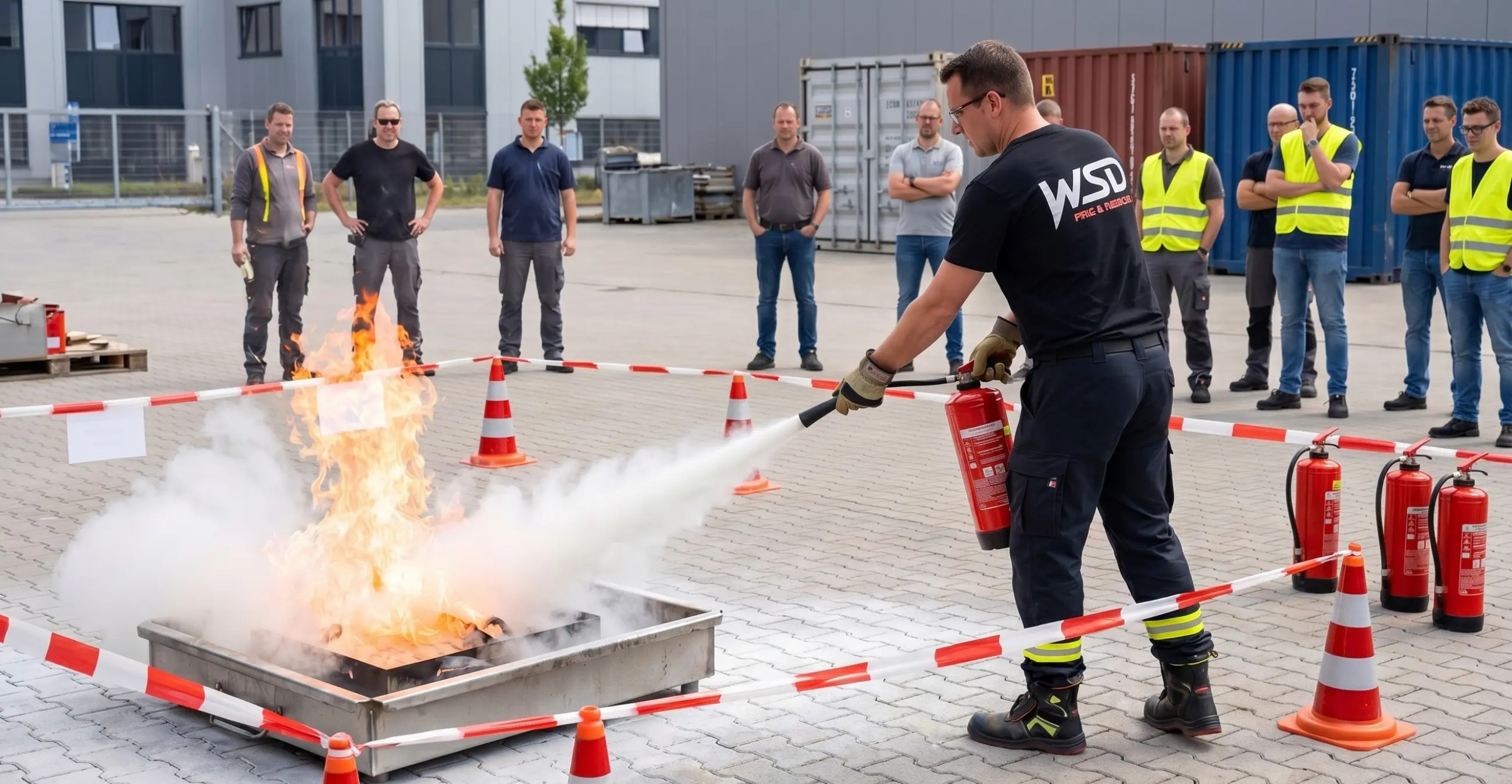 Mitarbeiter der WSD Fire + Rescue zeigt den Umgang mit einem Feuerlöscher