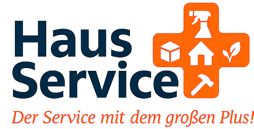 Logo von ‚Haus Service‘ mit dem Slogan ‚Der Service mit dem großen Plus!‘. Rechts ein oranges Kreuz mit Symbolen für Reinigung, Paket, Haus, Pflanze und Hammer.