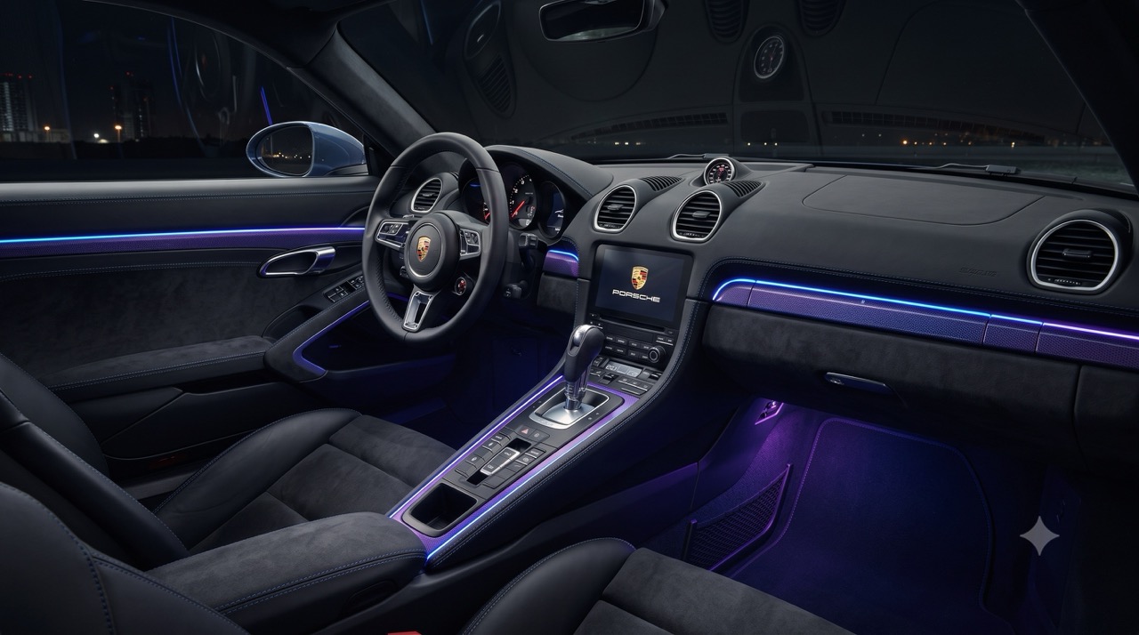 Porsche Cayman 718 mit blauer Ambientebeleuchtung