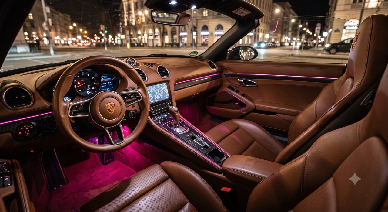 Porsche Boxter mit pinker Ambientebeleuchtung und brauchen Ledersitzen