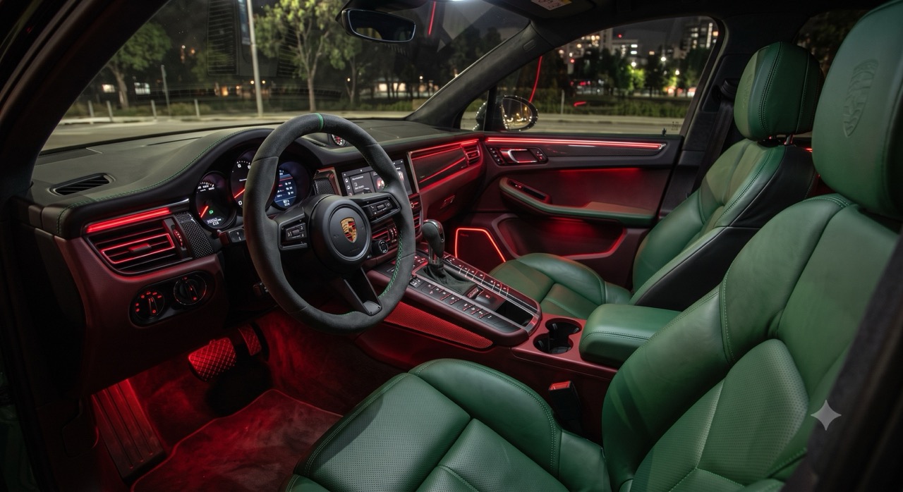 Porsche Macan mit roter Ambientebeleuchtung und grünen Sitzen