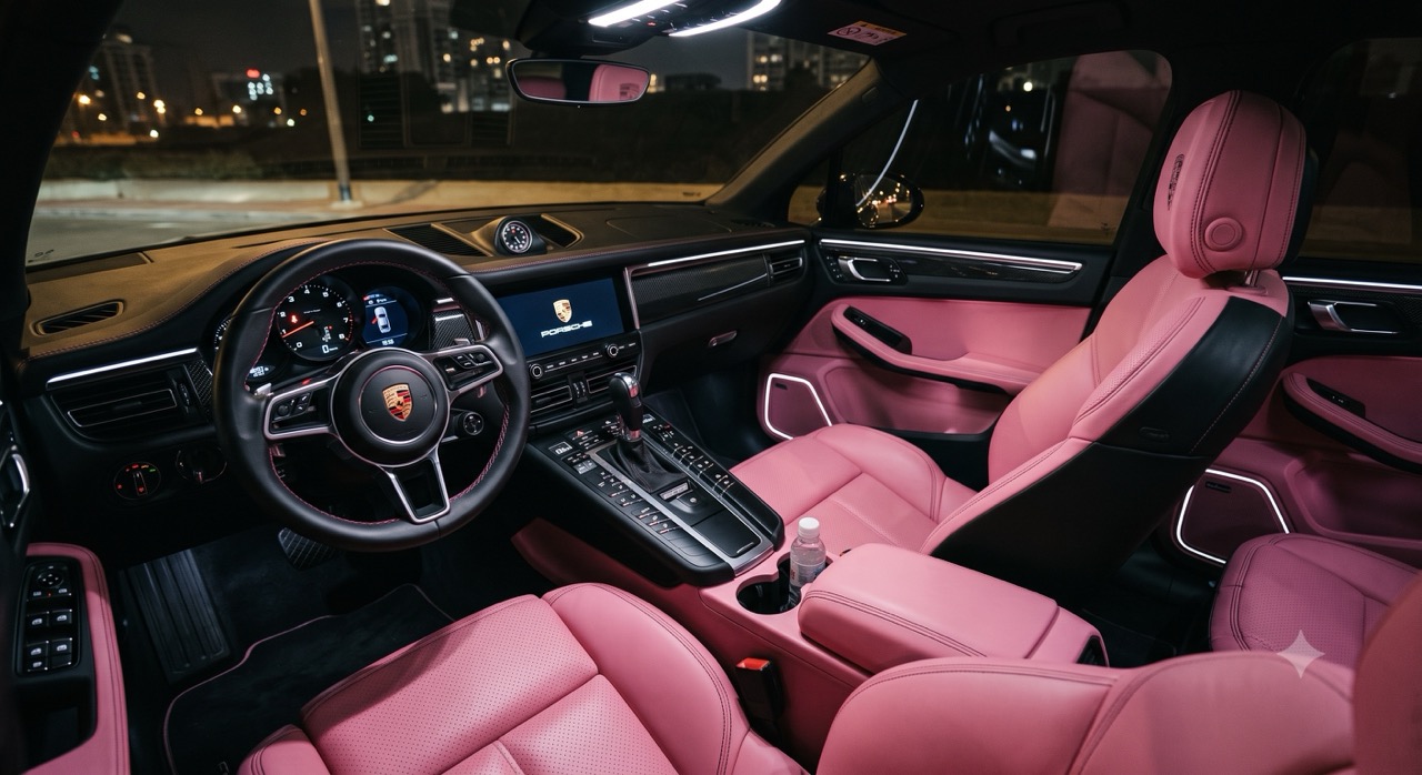 Porsche Macan mit weißer Ambientebeleuchtung und pinken Sitzen