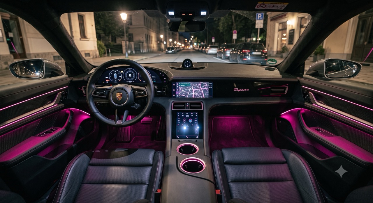 Porsche Taycan mit pinker Ambientebeleuchtung von Deadperformance Berlin
