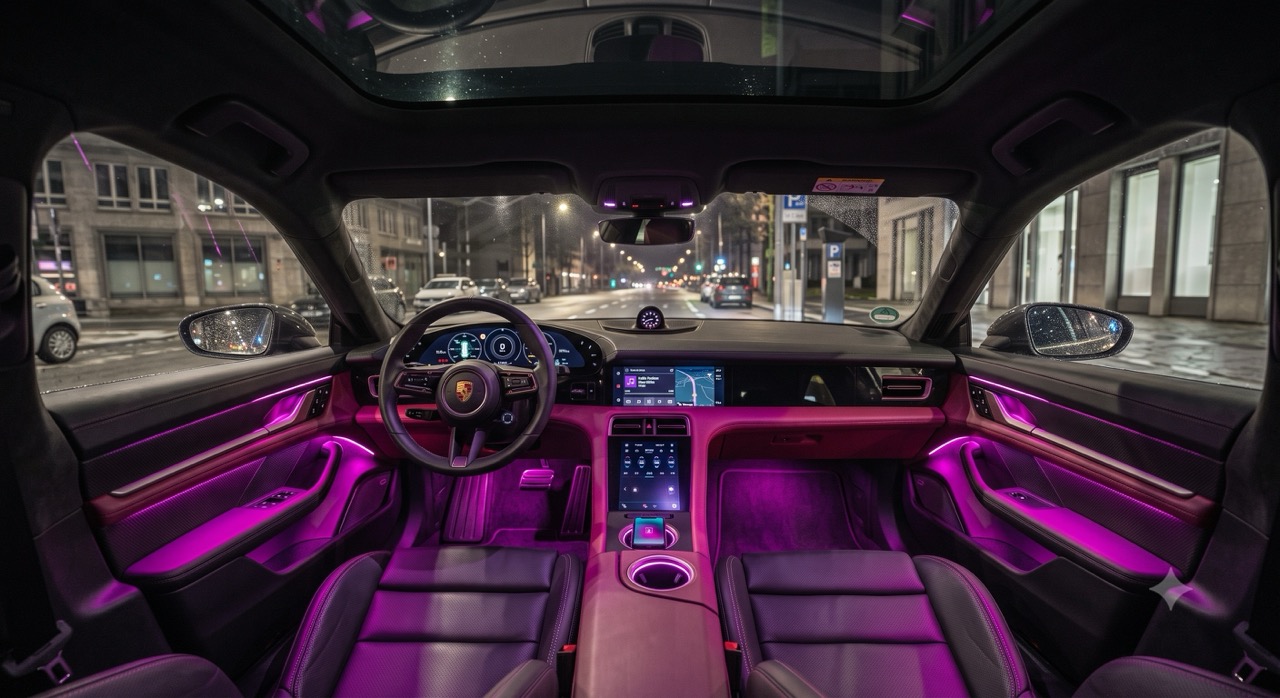Porsche Taycan mit greller Ambientebeleuchtung