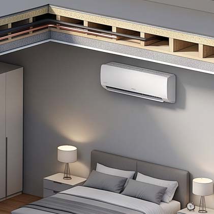 Modernes, dezent an der Wand installiertes Innengerät einer Split-Klimaanlage