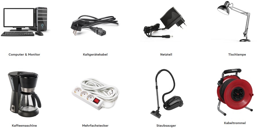Beispiele ortsveränderlicher elektrischer Betriebsmittel wie Computer, Netzteil, Mehrfachstecker und Kabeltrommel