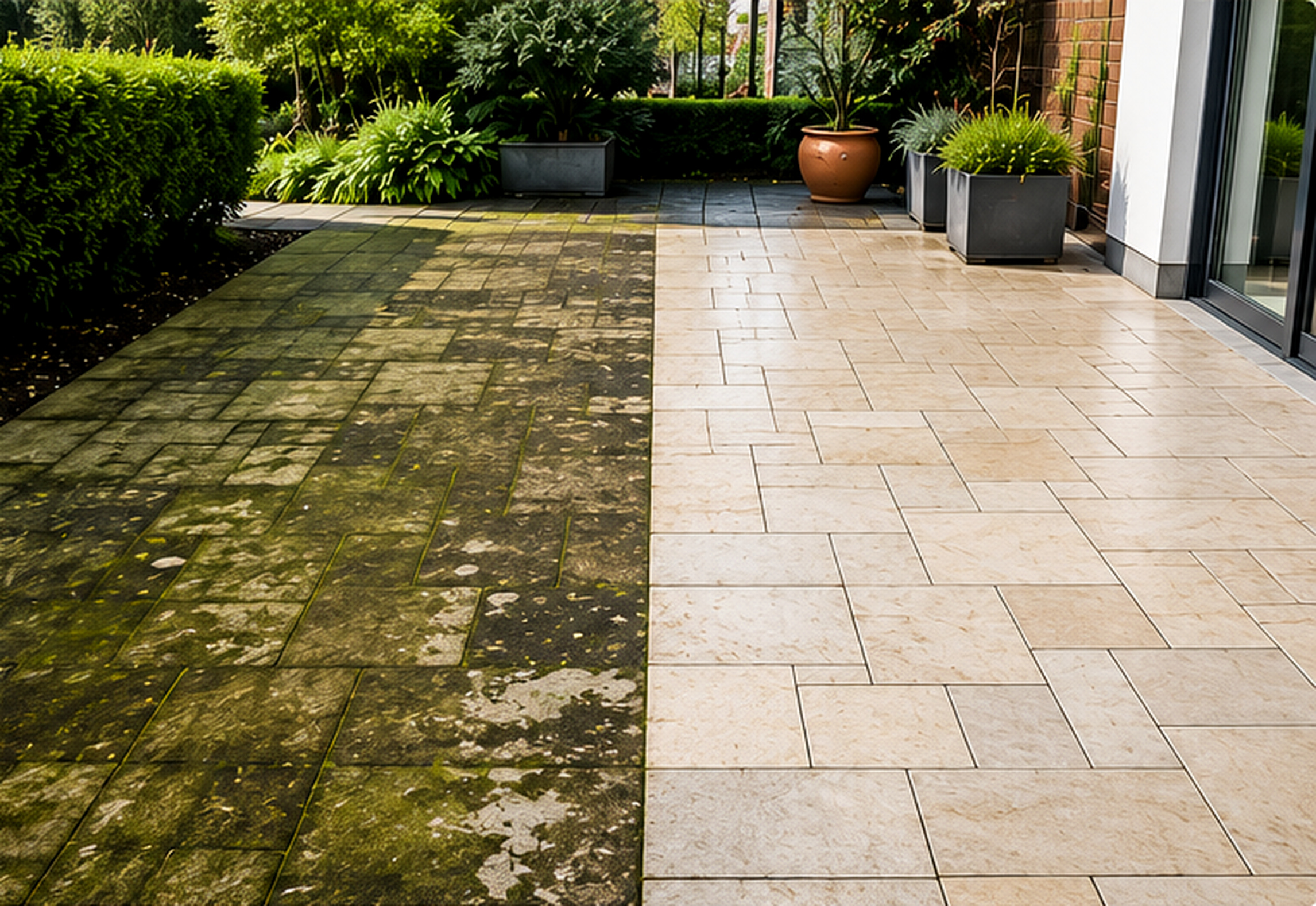 Vorher-Nachher-Vergleich einer gereinigten Terrasse