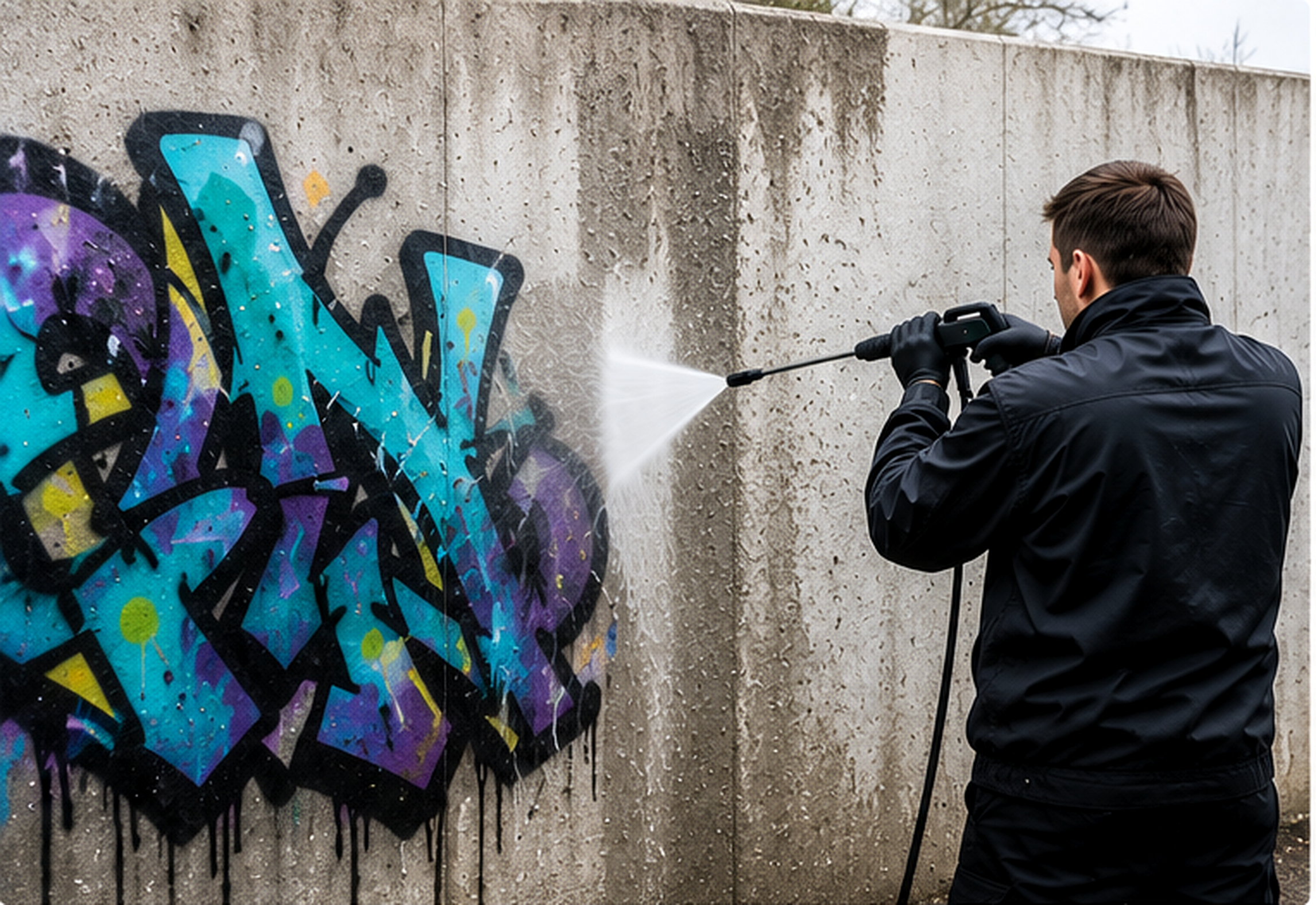Professionelle Entfernung von Graffiti an einer Fassade