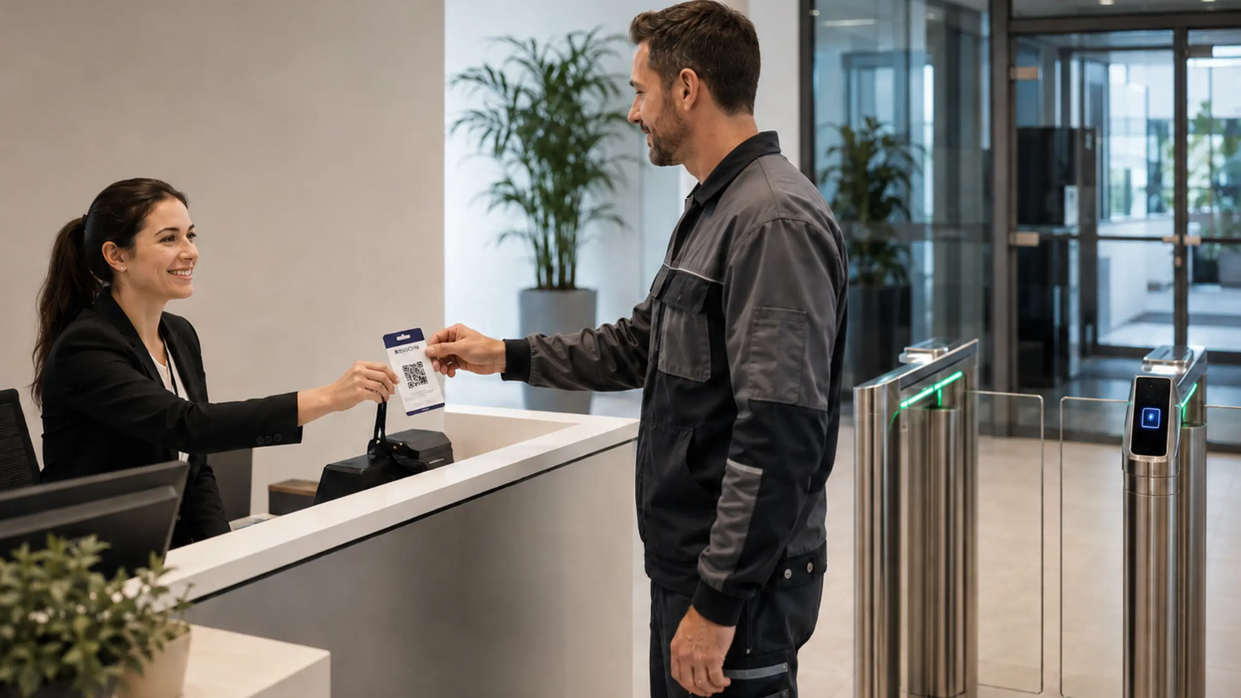 Beispiel einer Empfangsmitarbeiterin die einem Handwerker einen Besucherausweis gibt.
