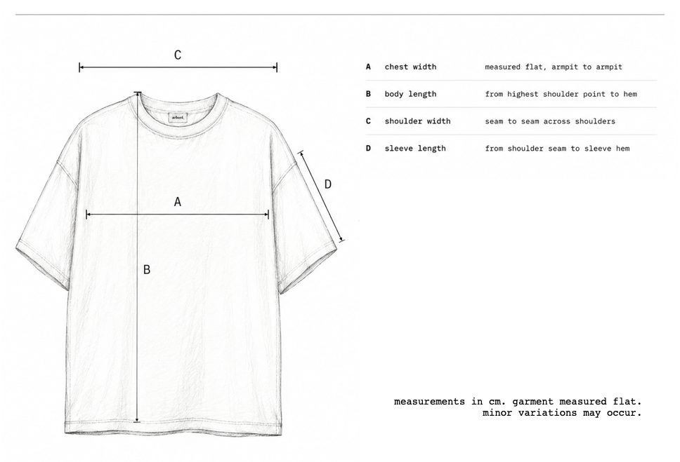 arboré. garment measurement guide showing chest width, body length, shoulder width and sleeve length