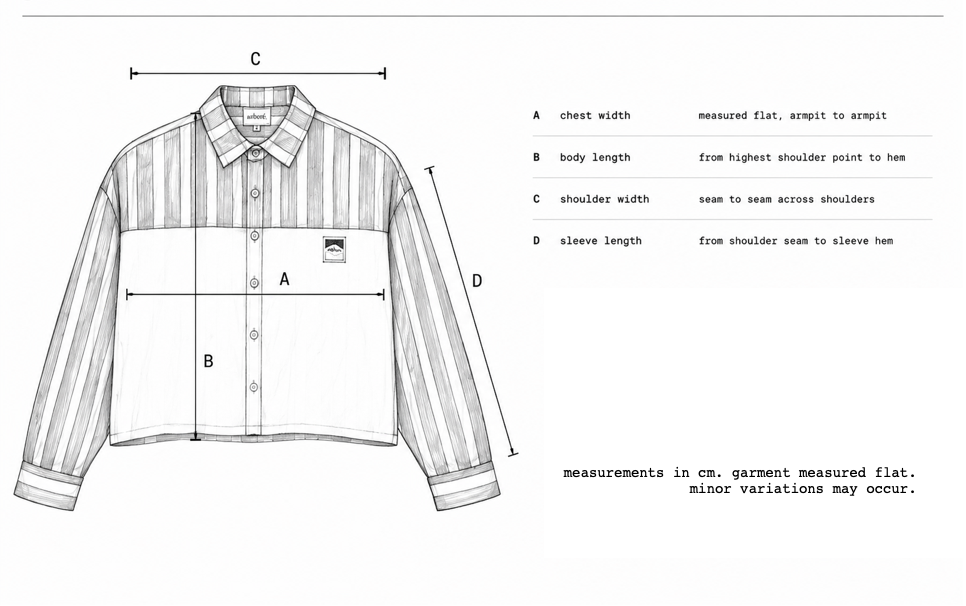arboré. divided calm shirt garment measurement guide showing chest width, body length, shoulder width and sleeve length