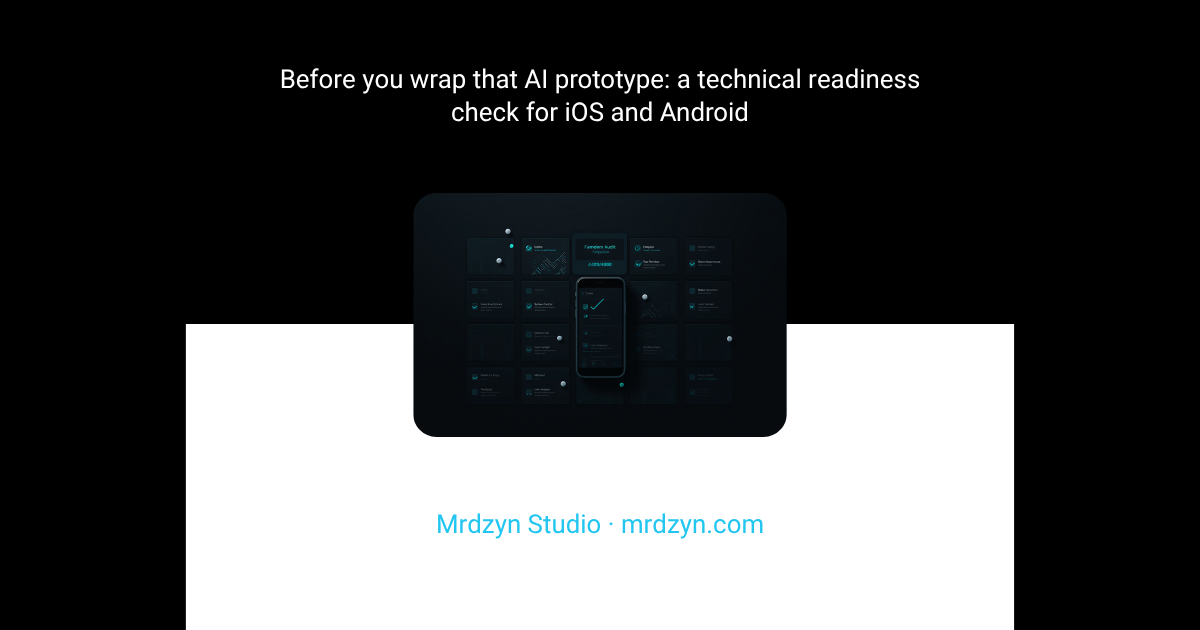 Cover graphic for the Mrdzyn Studio article: a smartphone over a grid of dark app screens, titled ‘Before you wrap that AI prototype: a technical readiness check for iOS and Android’