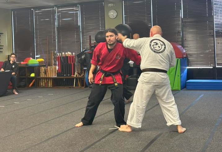 Adult students practice martial arts techniques together.
