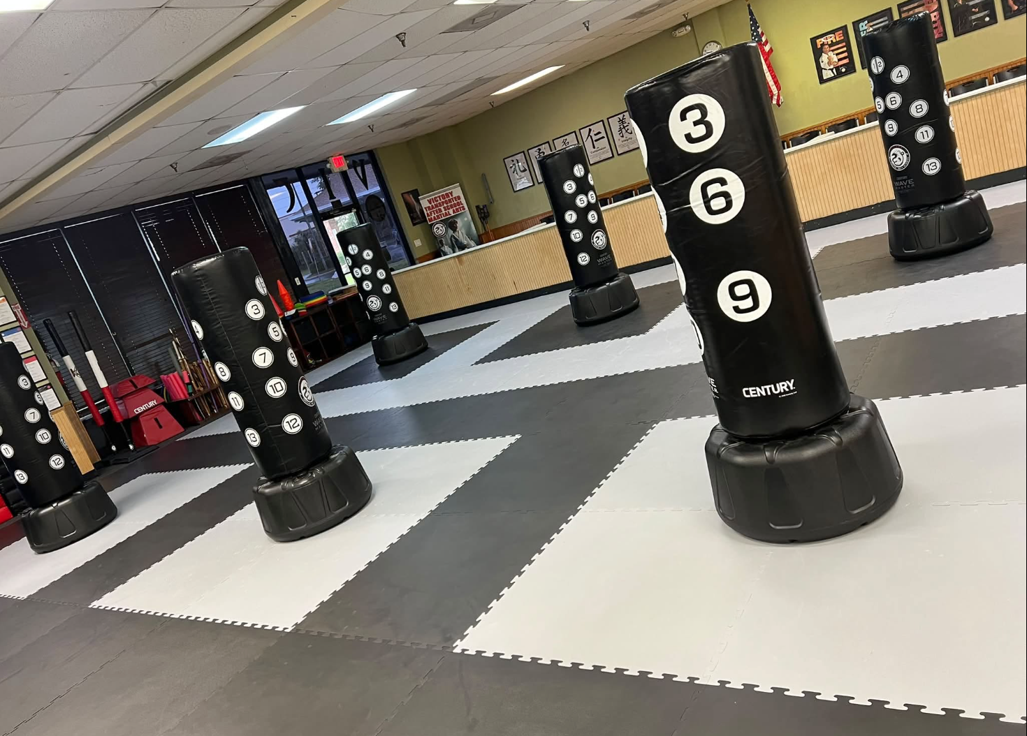 Training equipment is ready for a morning fitness class.