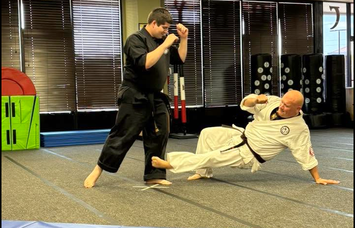 Adult students practice a martial arts technique together.