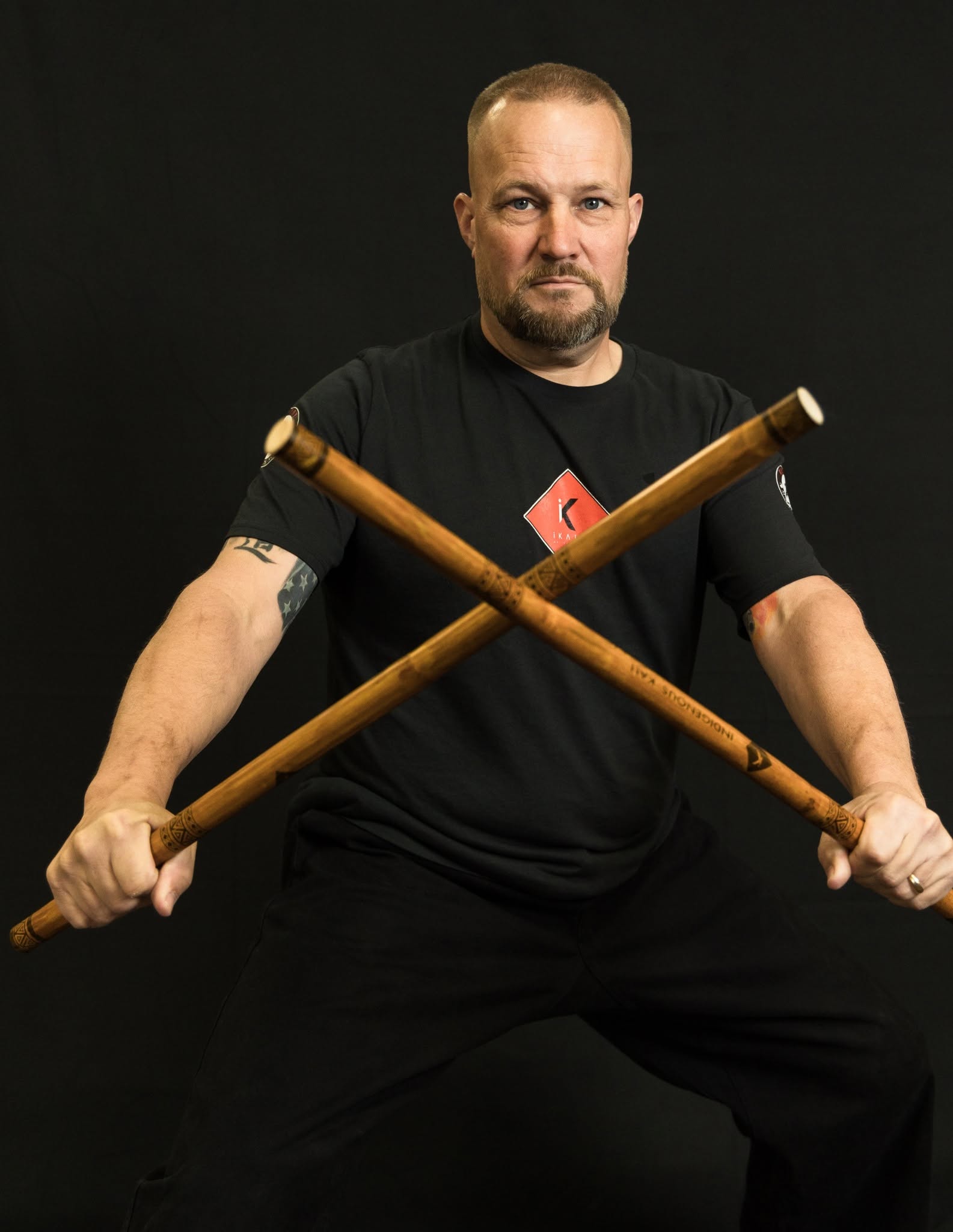 Kyoshi Phil demonstrates a stance with two Kali training sticks.