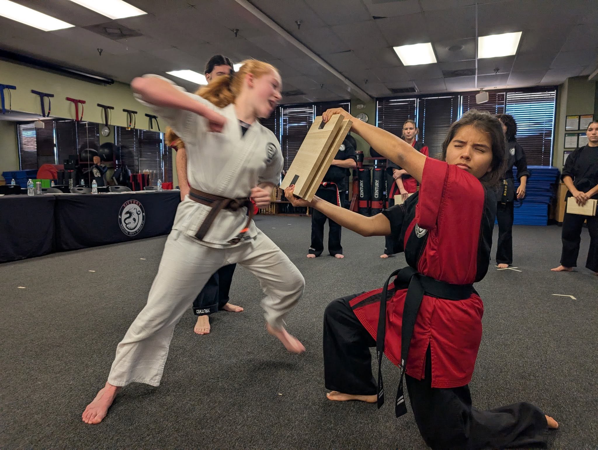 A student demonstrates board breaking during training.