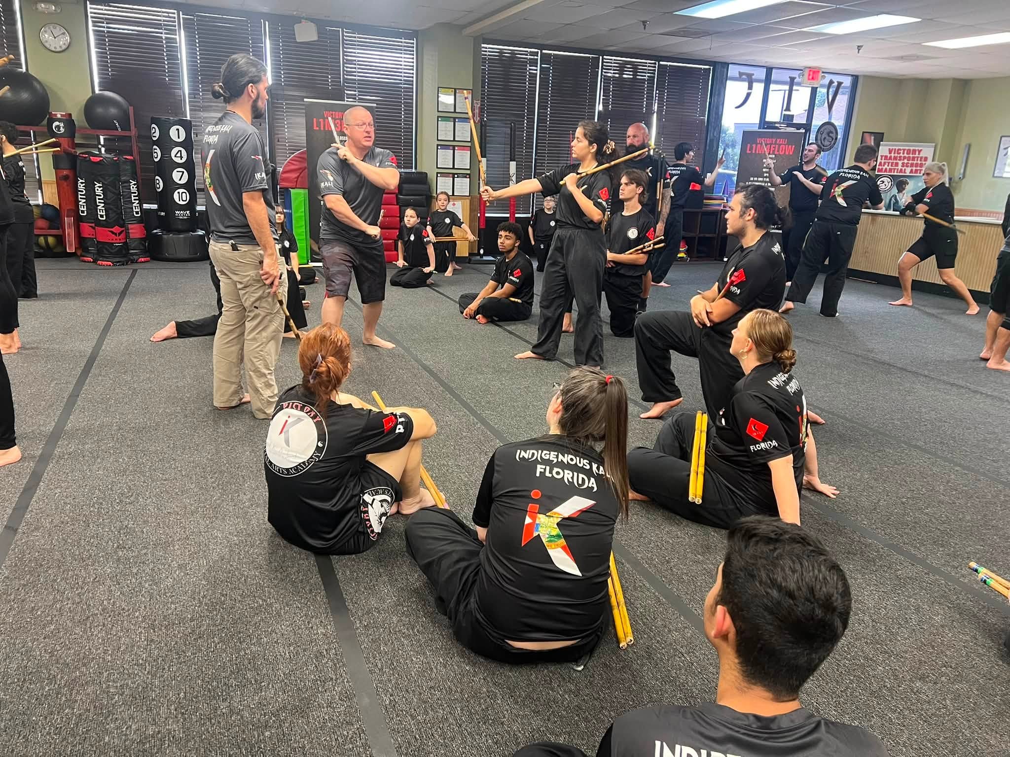 Students and instructors work on technique at an Apollo Beach weekend Kali seminar.