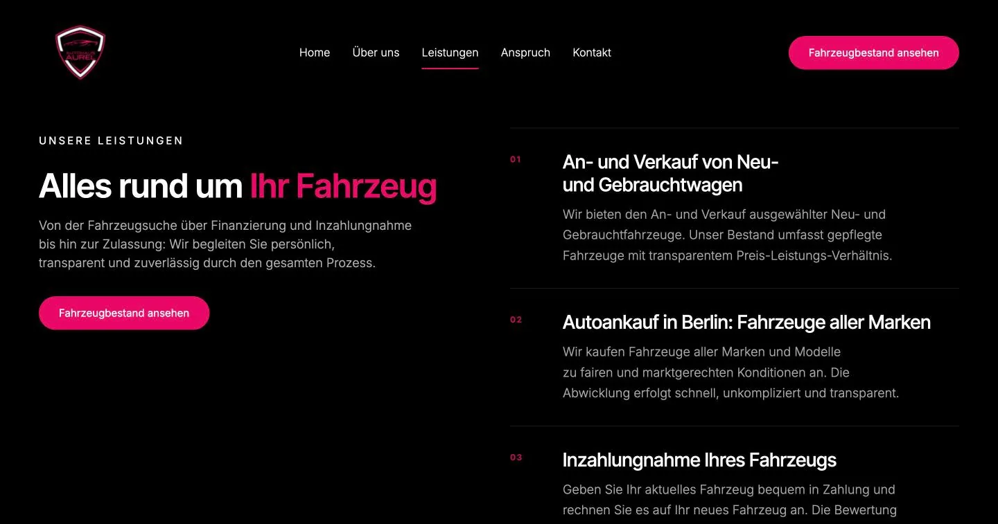 Liste der Leistungen, links Überschrift und Button zum Fahrzeugbestand