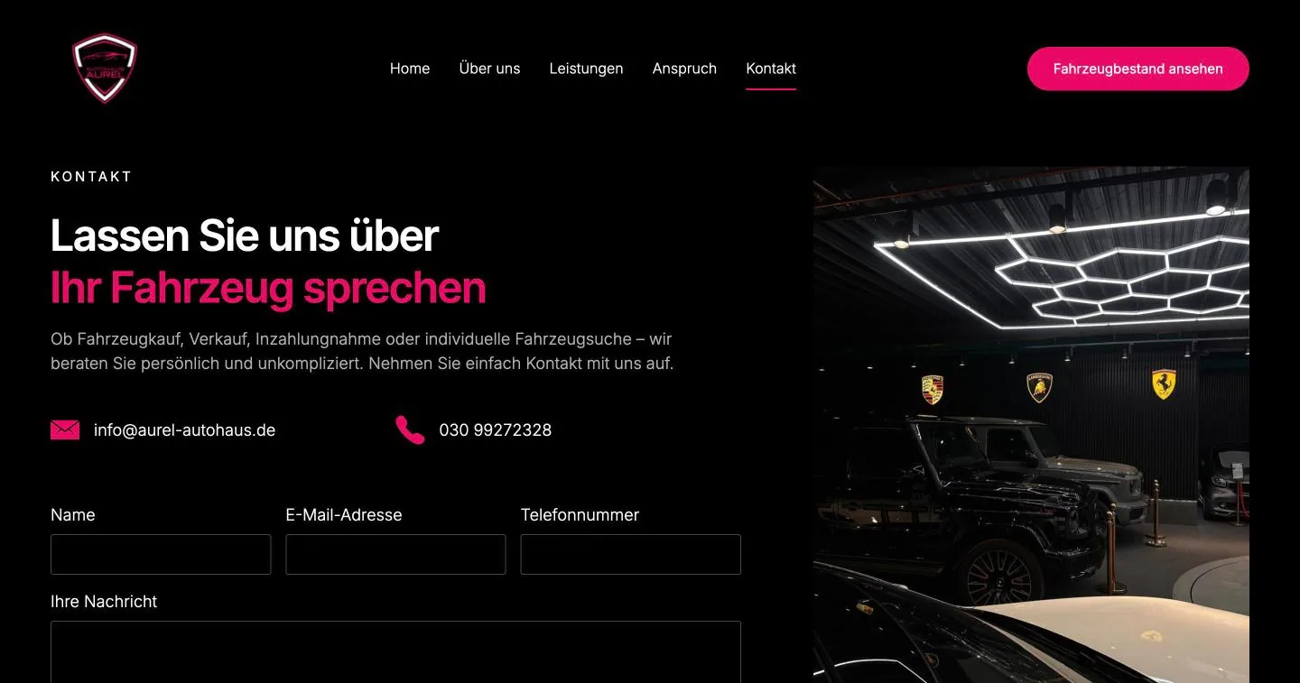 Kontaktbereich „Lassen Sie uns über Ihr Fahrzeug sprechen“ mit Formular und Foto vom Autohaus