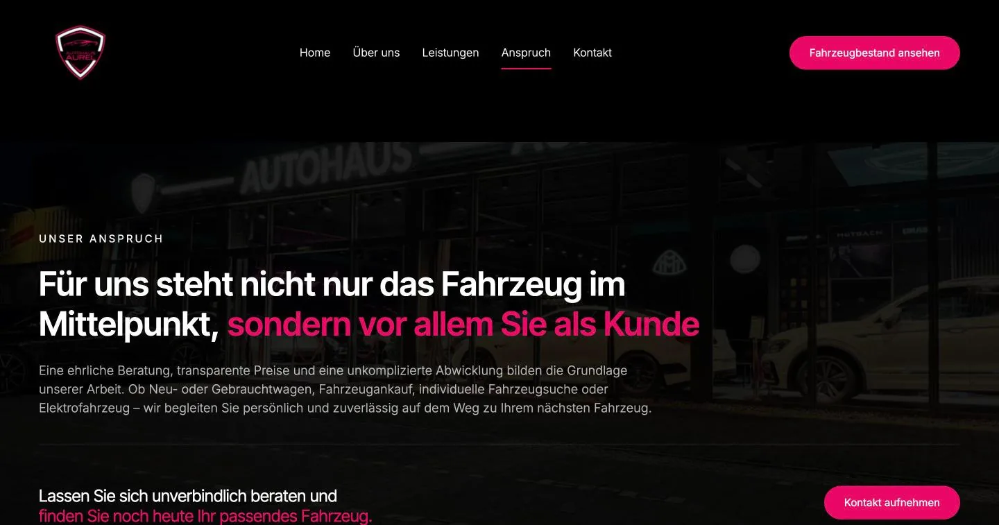 Abschnitt „Unser Anspruch“ mit Foto des Autohauses
