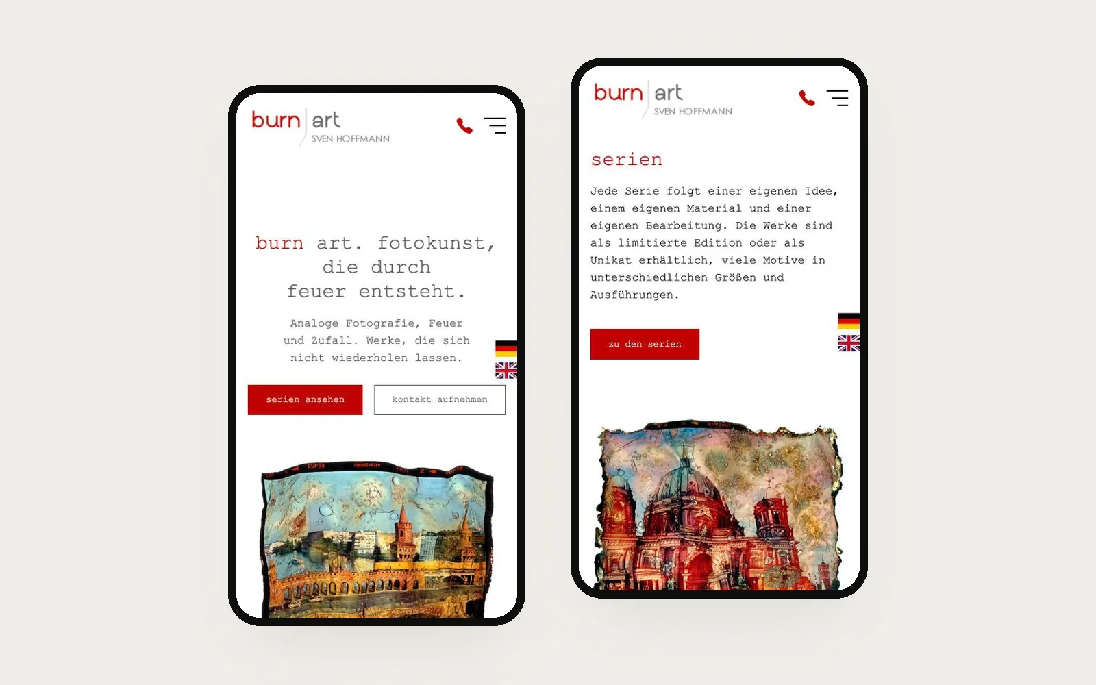 Hoffmanns Atelier auf zwei Handys: Startseite und Serien